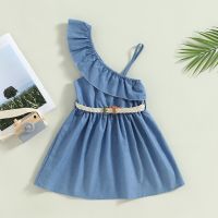 Toddler Kids Girls Summer Denim Dress Sleeveless Ruffle Solid Color One Shoulder Sleeveless A-line Dress with Belt  by Hs2023