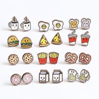 KAWAII MATCH MIX MATCH STUD WOODEN EARRINGS Cute Stud Earrings For Girls Women Cookies Coke Burger Fries Pizza Doughnut Access