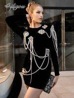 【YF】 Ailigou 2023 New Womens Luxury Beaded Chain Design Long Sleeve Celebrity Club Black Sexy Tight Mini Bandage Dress Vestidos