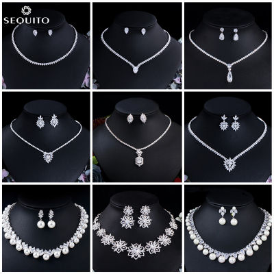 SEQUITO Elegant Bridal Party Jewelry AAA Cubic Zircon Stone with White Pearl Choker Necklace and Earrings Set for Women Wedding Gift SJ244
