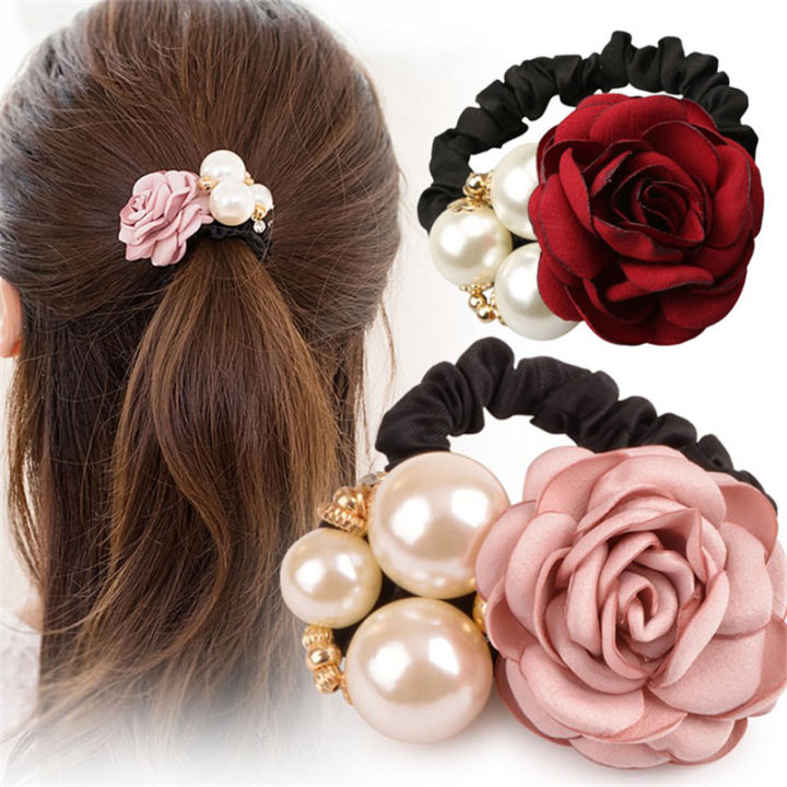 Womens Lady Girls Satin Ribbon Rose Flower Faux Pearls Hairband Ponytail  Holder Hair Band | Lazada