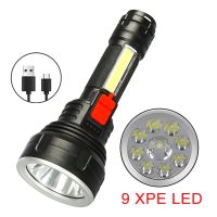 Portable 9LED Dual Light Source Flashlight USB Rechargeable COB Floodlight Torch Light Outdoor Camping Hiking Emergency Lantern Rechargeable  Flashlig