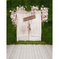 hyfvbujh☏  Painted Door Photography Backdrop Wood Floor Printed Flowers Wall Garden Photo Background