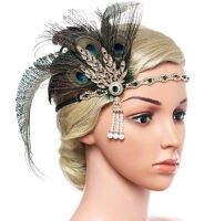 [COD] ใหม่ Pea Hair Belt หรูหรา Rhinestone 1920s ที่รัดผม Gatsby ที่รัดผมขนนกกระจอกเทศ