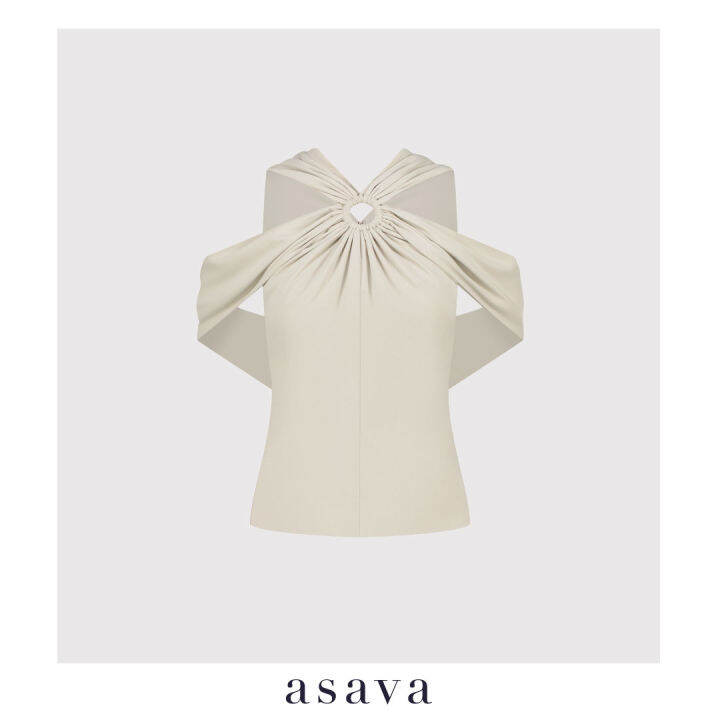 asava-aw22-stella-o-ring-blouse-เสื้อผู้หญิง-แต่งเจาะวงกลม-แต่งผ้าพาดไหล่-ซิปหลัง