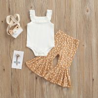 Fashion Baby Girls 2Pcs Summer Outfits Cute Sleeveless Ribbed Solid Ruffle Strap Romper with Flare Pants Kids Infant Clothes Set  by Hs2023