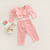 【Forever CY Baby】Children Girl Two Piece Outfit Set, Solid Color V-Neck Long Sleeve Tops Shirt Matching Elastic Waist Pants