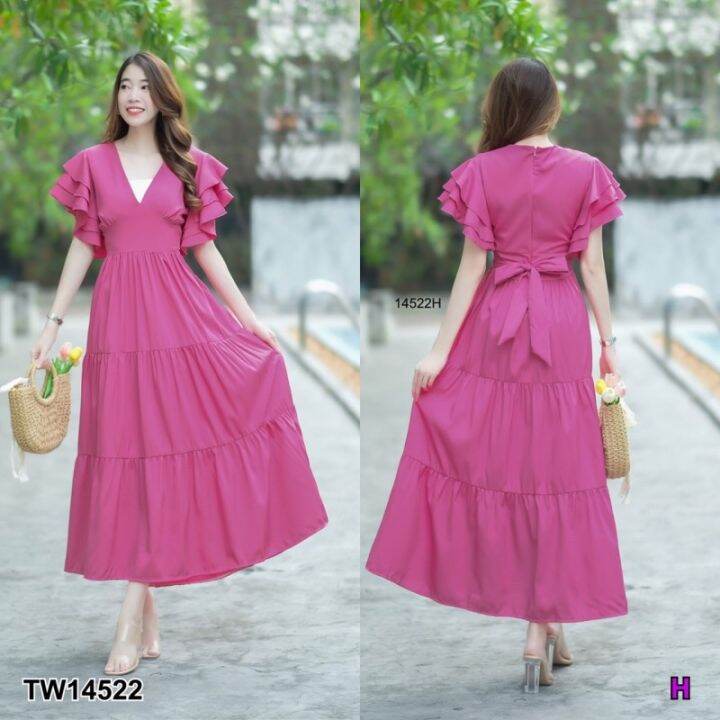 Garden Clothes ชุดเดรส เดรสยาวคอวีแขนระบาย สีชมพู Lazada.co.th