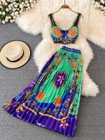 Summer Bohemian Two Piece Set loral Printed Short Cup Padded Lace Stitching Crop Tops High Waist Pleated Maxi Skirt