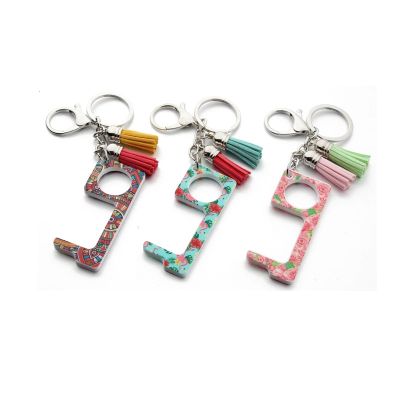 EDC Keychain Leopard Print Tassel Anti Contact Door Opener No Touch Door Opener Key Chain Non-contact Door Handle Elevator Key Chains