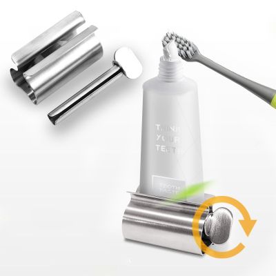 2pc 304 Stainless Steel Automatic Toothpaste Dispenser Clip-on Toothbrush Holder Squeezer Rolling Tube Bathroom Accessories Tool