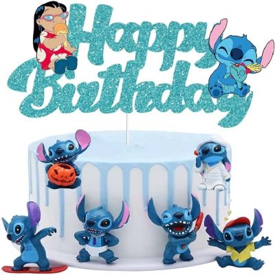 Lilo Stitch Blue Glitter Cake Topper ​Happy Birthday Decors for Kids Birthday Party Baby Shower Sign Decorations Double-side