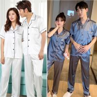 CODxdrrf5157 couple silk Satin Nightwear Set women Sleepwear men pajamas lovers pyjamas short sleeve and long pants Plus Size