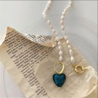 Minar Vintage Baroque Freshwater Pearl Necklaces for Women Blue Green Red Glass Love Heart Pendant Chokers Necklaces Jewellery