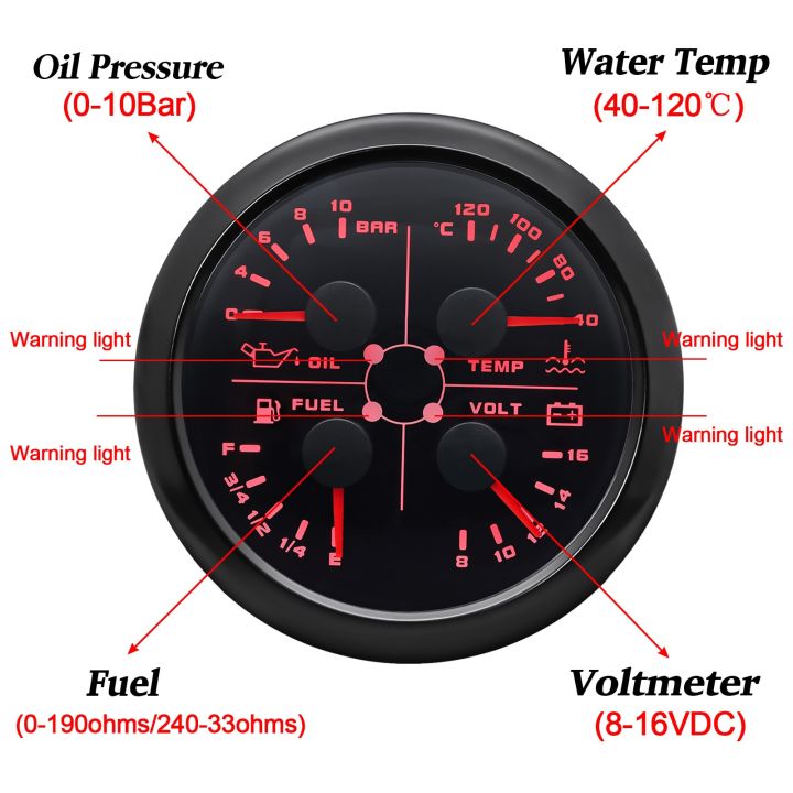 อุณหภูมิน้ำ85มม-กดน้ำมัน-ure-ระดับน้ำมันเชื้อเพลิง-มาตรวัดแรงดันไฟฟ้า4-in-1เมตรพร้อมเซ็นเซอร์กดน้ำมันเตือน1-8npt-สำหรับรถยนต์เรือยอชท์