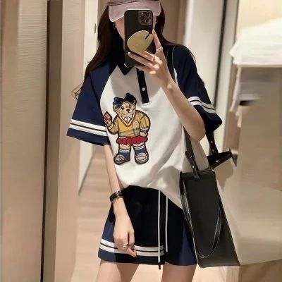 (Spot) new cute bear casual sports suit womens loose polo collar top shorts two pieces 2023