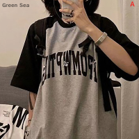 Green sea เสื้อยืดคอกลมแขนสั้นสำหรับผู้หญิงทรงหลวมคอกลมพิมพ์ลายตัวอักษรสีตัดกันฤดูร้อน