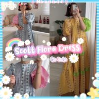 Scott Flora Dress เหลืองฟ้า เดรสลายดอกไม้ แขนตุ๊กตา ตัดขอบสีน่ารักๆ เดรสกระโปรง เดรสลายดอก งานป้าย