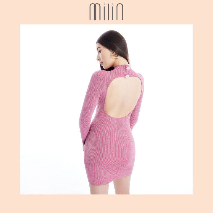 milin-high-neckline-with-open-back-long-sleeves-fitted-knitted-bustier-dress-เดรสคอสูงเปิดด้านหลังทอนิตติ้งทรงเข้ารูปแขนยาว-flirt-dress