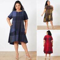 [COD] 2022 European and cross-border plus size womens round neck loose short-sleeved swing dress plaid