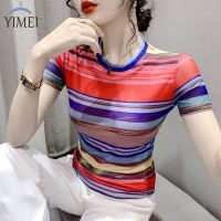 YIMEI เสื้อยืดผู้หญิงสวยๆเสื้อตาข่ายลายจุดพิมพ์ตำแหน่ง2023ฤดูร้อนแฟชั่นเสื้อยืดเข้ารูปพอดีและแฟชั่นคอกลม