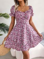 【YF】 Sweet And Lovely Low Neck High Waist Dress 2023 Spring Summer New Temperament Floral Lace Up Wrap Dresses For Women