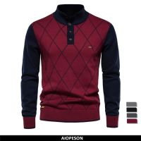 AIOPESON Argyle เสื้อกันหนาวผู้ชาย Henley Collar Casual Patchwork คุณภาพสูง Pullover ชายแฟชั่นฤดูหนาวใหม่เสื้อกันหนาวแบบถักสำหรับชาย