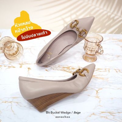 ทรงปกติ:เปลี่ยนไซส์ได้-ไม่รับคืน:: Zenachoo รุ่น BB on Wedge สี Beige สูง 2 นิ้ว รองเท้าส้นเตารีด หัวแหลม หนังแกะแท้