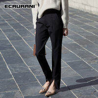 ECRURANI สีดำสบายๆกางเกงดินสอสำหรับผู้หญิงเอวสูงลดน้ำหนักแข็งเรียบง่ายกางเกงหญิง2021ฤดูใบไม้ร่วงแฟชั่นใหม่เสื้อผ้า