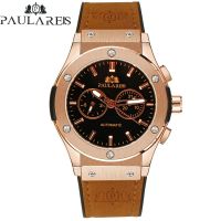 ZZOOI Men Automatic Self Wind Mechanical Rose Gold Silver Black Case Brown Leather Rubber Strap Casual Sports Geneve Watch