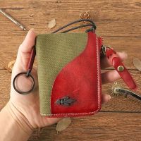 TOP☆  The new head layer cowhide wallet man card package key female Japanese canvas cloth art restoring ancient ways multi-function key package