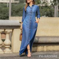 【LZ】▨☬♈  2023 Outono Elegante Das Mulheres Denim Vestido de Manga Longa Botões Camisa Vestido Longo Feminino Moda Nova Elegante Casual Ladies Clothes