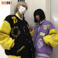 WOMA ปกตั้งปิดกั้นสีตัวอักษรอเมริกาแบบย้อนยุคของผู้ชาย Jaket Baseball นักเรียนสไตล์คู่รักเสื้อแจ็คเก็ตลำลอง