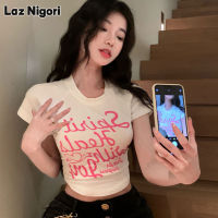 Laz Nigori เสื้อยืดพิมพ์ลายหวานและเผ็ดของผู้หญิงเสื้อผ้าบางๆเอวสูงเสื้อแขนสั้นเซ็กซี่เสื้อเอวลอย