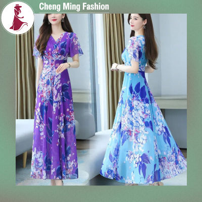Cheng ชุดเดรสคอวีสำหรับชุดปลายกระโปรงบานเอวสูงกระโปรงยาวปานกลางพิมพ์ลายสไตล์โบฮีเมียนแฟชั่นผู้หญิงแขนสั้น