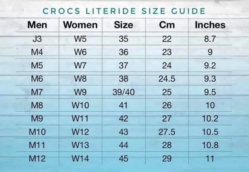 crocs literide size chart