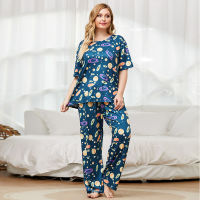 DOIB Plus Size Pajamas Set Women Print T-Shirt+Long Trousers Large Size Homewear Two Pieces Suit Nightwear Sleepwear