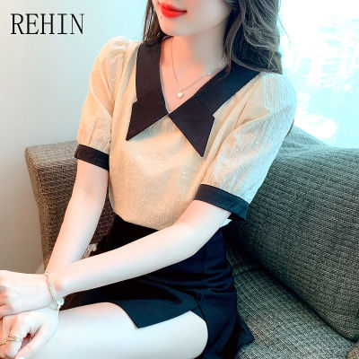 REHIN เสื้อคอวีแขนสั้นผู้หญิง,เสื้อคอวีแขนพองหวานแอปริคอทแฟชั่นสไตล์เกาหลีแบบใหม่ฤดูร้อน