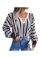 ✚ s Striped Sweater Knit Pullover with V Neckline and Lace-Up Detail - Sleeve for a