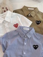 Boys trendy short-sleeved shirt 2023 new childrens love label shirt cotton striped breathable baby top 【BYUE】