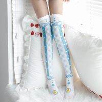 【Sock shop】สีชมพูสีฟ้า Kawaii สาวถุงน่องผ้าไหมฤดูร้อนเข่าสูงต้นขาเซ็กซี่ถุงน่องสำหรับผู้หญิงคอสเพลย์สองมิติญี่ปุ่นถุงเท้ายาว