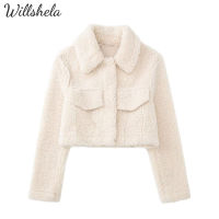 Willshela ผู้หญิงฤดูใบไม้ร่วงฤดูหนาว Warm Beige ขนแกะ Cropped Jacket Lapel Collar แขนยาวหญิง Chic Lady Casual น่ารัก Warm Outwear Top เสื้อสั้น