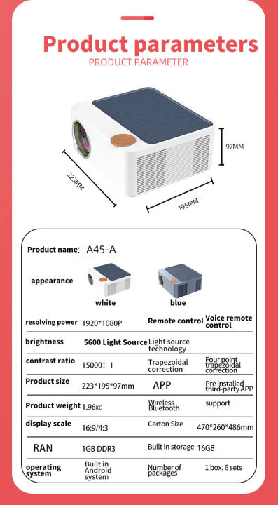 a45ไฟ-led-แอนดรอยด์4k-ขนาดเล็กโปรเจ็คเตอร์ภาพยนตร์-aun-slide-wifi-สำหรับโฮมหน้าต่างโปรเจ็คเตอร์-lcd-1080p