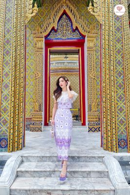 Maria diamond สีม่วง nubdao thaijitrada Dress ชุดไทยประยุกต์ ชุดไทย2ชิ้น ชุดไทยพิมพ์ลาย