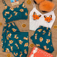 4-pcs ชุดนอนสตรีซาตินชุดนอนผ้าไหมชุดฤดูร้อน V คอชุดนอน Pijama Homewear Fox สัตว์ดอกไม้พิมพ์ Clothes