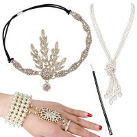 KK1920s Flapper ชุดอุปกรณ์เสริม Rhinestone Headpiece Pearl Knot สร้อยคอสร้อยข้อมือผู้ถือ Gatsby เครื่องแต่งกายสำหรับ Womenq11