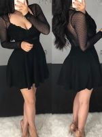 【YF】 Women Fashion Sexy V neck Black Party Club Dot Mesh Dress Long Sleeve Mini