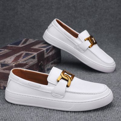 Classic White Loafers Men Breathable Leather Shoes Flat Casual Shoes Men Slip-on Peas Shoes for Men Footwear Mocasines Hombre