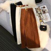 【CW】 WinterSkirtsWomenRetroSplitMidi LongCorduroyCasualSkirtBeltJupeLongueOfficeLadyA-LineHighWaistHip Skirt
