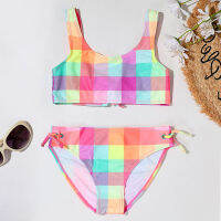 Colourful Plaid Girl Swimsuit Kids Bandage Girl Bikini Set Hollow Out Two Piece Childrens Swimwear Gils Bathing Suit Beachwear